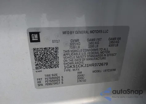 2017 GMC Yukon Denali из США, поврежденный, VIN 1GKS1CKJ1HR372679